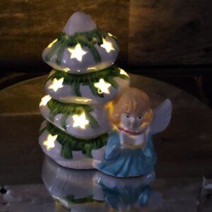 Ceramic Glazed Christmas Tree & Angel Tealight Holder  - Handpainted